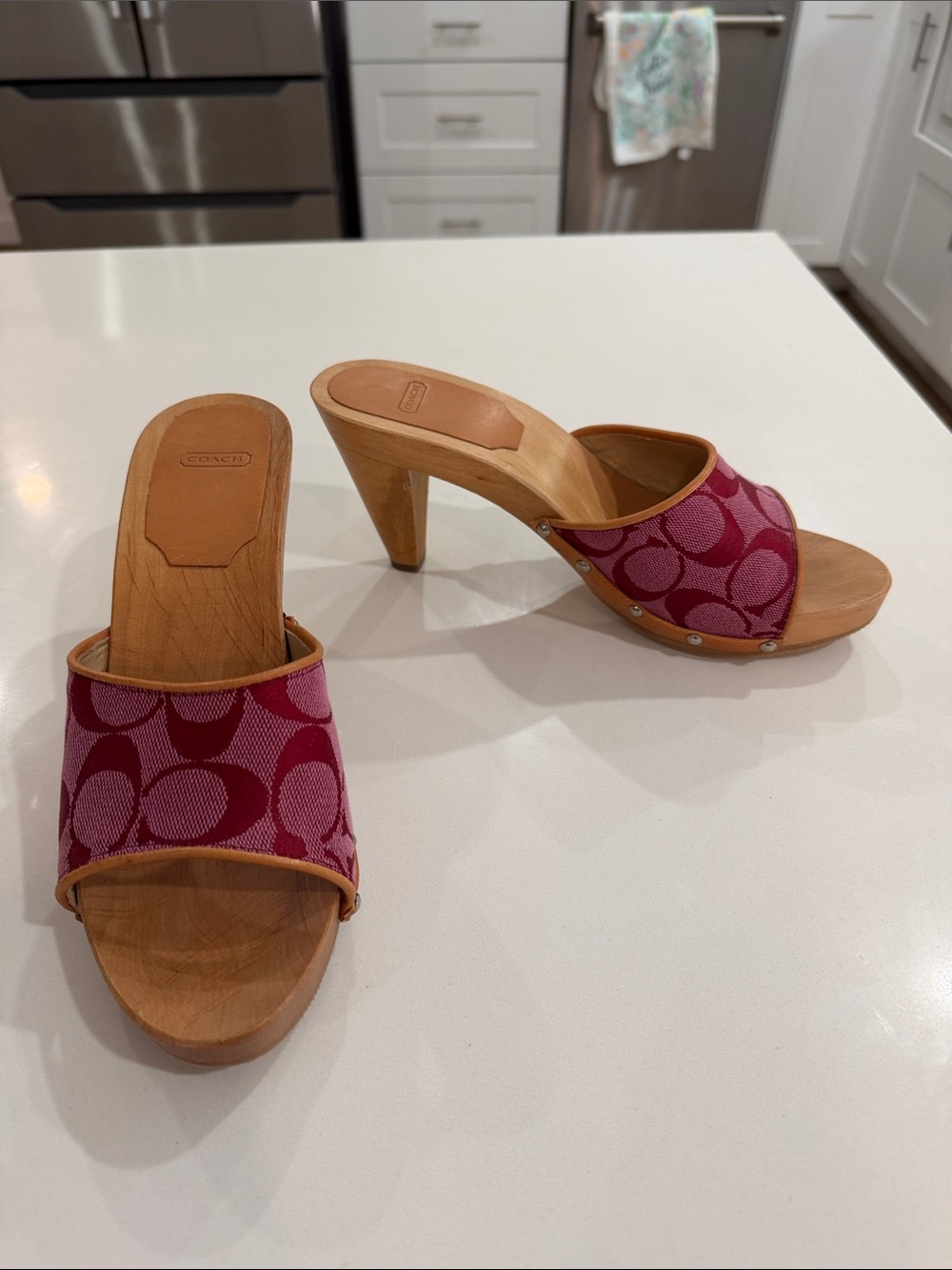 Coach Pink Signature Canvas Wood-Heel Mouchon Mules Y2K vintage
